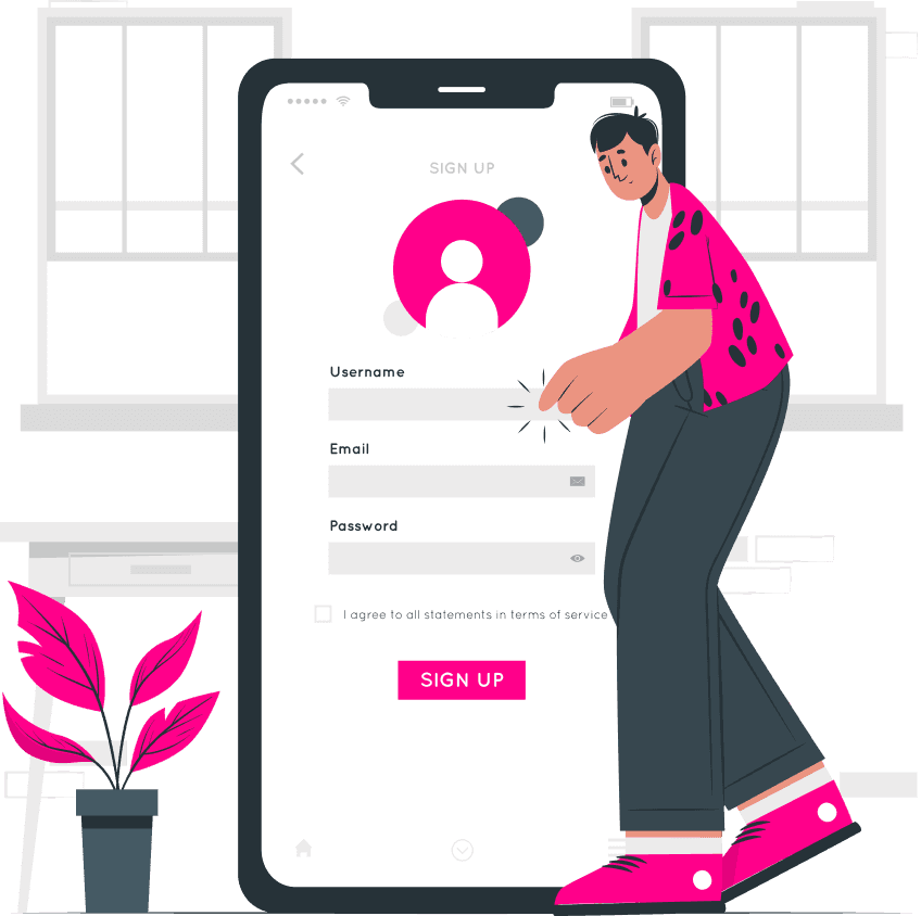 A person creating an account on a large mobile screen